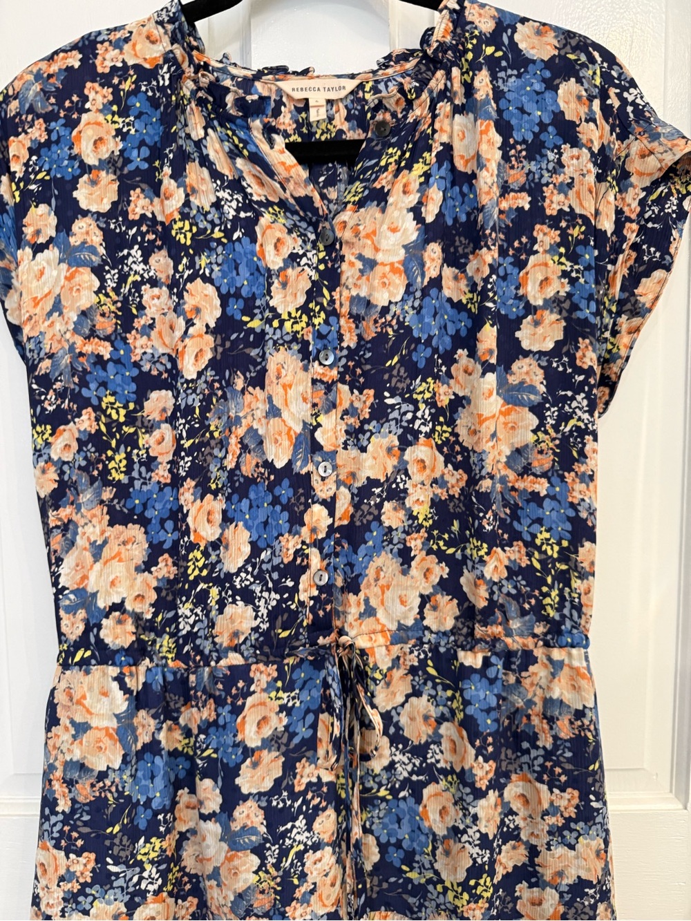 Rebecca Taylor Navy Floral 100% Silk Short Sleeve Dress - Picture 3 of 7